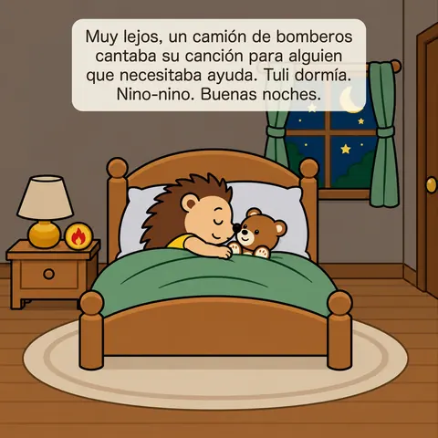 Muy lejos, un camión de bomberos cantaba su canción para alguien que necesitaba ayuda. Tuli dormía. Nino-nino. Buenas noches.