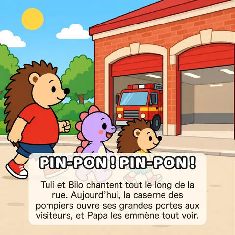 PIN-PON ! PIN-PON ! Tuli et Bilo chantent tout le long de la rue. Aujourd’hui, la caserne des pompiers ouvre ses grandes portes aux visiteurs, et Papa les emmène tout voir.