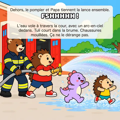 Dehors, le pompier et Papa tiennent la lance ensemble. FSHHHHH ! L’eau vole à travers la cour, avec un arc-en-ciel dedans. Tuli court dans la brume. Chaussures mouillées. Ça ne le dérange pas.