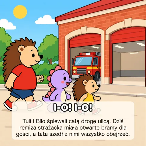 I-O! I-O! Tuli i Bilo śpiewali całą drogę ulicą. Dziś remiza strażacka miała otwarte bramy dla gości, a tata szedł z nimi wszystko obejrzeć.