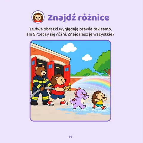 Znajdź różnice – Strona z książki „Tuli w remizie strażackiej”